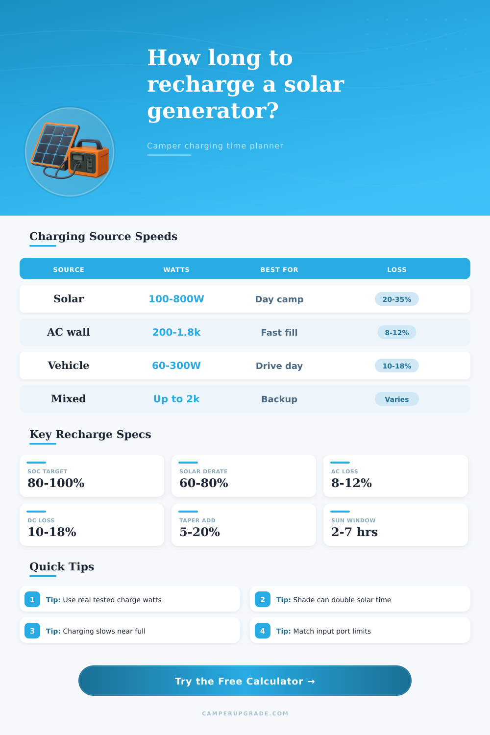 Solar Generator Recharge Time Calculator